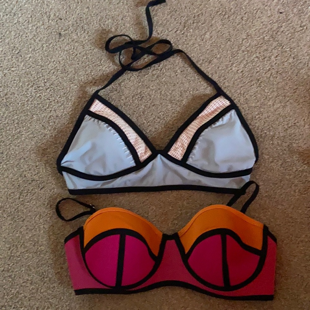 Blue and Pink color block bikini tops, both are size M